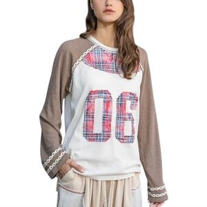 002.POL Patchwork Bohemian Plaid Graphic Long Sleeve Top